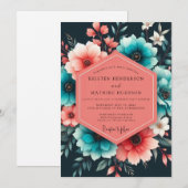 Teal Coral Painterly Bloom Wedding Einladung (Vorne/Hinten)