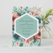 Teal Coral Painterly Flora Wedding Einladung (Stehend Vorderseite)