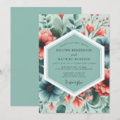 Teal Coral Painterly Flora Wedding Einladung (Vorne/Hinten)