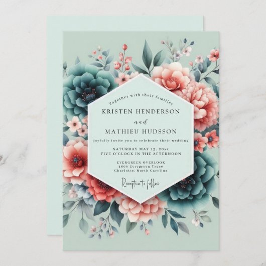 Teal Coral Painterly Wedding Einladung (Vorne/Hinten)