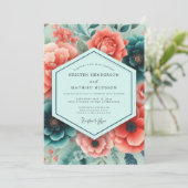 Teal Coral Rich Botanical Wedding Einladung (Stehend Vorderseite)