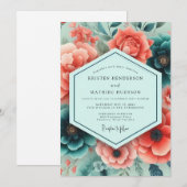 Teal Coral Rich Botanical Wedding Einladung (Vorne/Hinten)