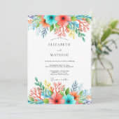 Teal Coral Whimsical Floral Wedding Einladung (Stehend Vorderseite)
