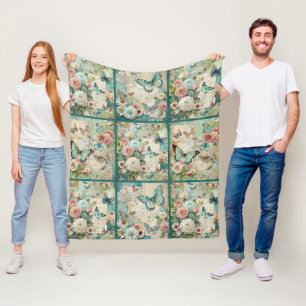 Teal Cottagecore Vintage Blumen-Quiltmuster Fleecedecke