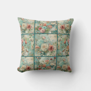 Teal Cottagecore Vintage Blumen-Quiltmuster Kissen
