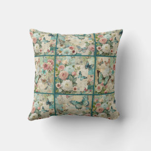 Teal Cottagecore Vintage Blumenquiltschema Kissen