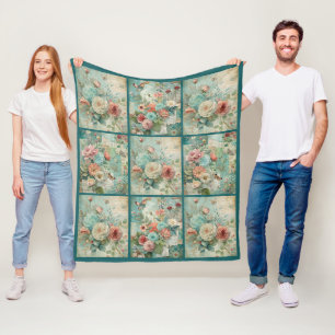 Teal Cottagecore Vintage Blumenquilttteppichmuster Fleecedecke