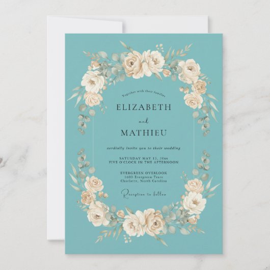 Teal Cream Bloom Flourish Hochzeit Einladung (Vorderseite)