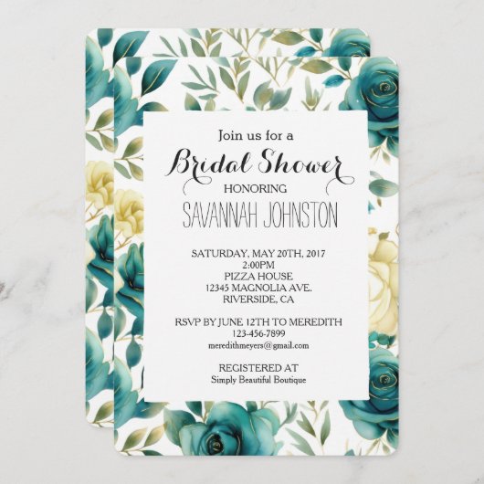 Teal Cream Rose Floral Bridal Shower Einladung (Vorne/Hinten)