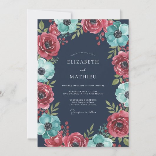 Teal Crimson Anemone Hochzeit Einladung (Vorderseite)