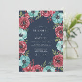 Teal Crimson Anemone Hochzeit Einladung (Stehend Vorderseite)
