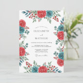 Teal Crimson Spirited Botanical Wedding Einladung (Stehend Vorderseite)