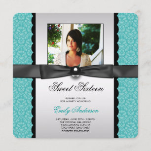 Teal Damast Foto Sweet 16 Party Einladung