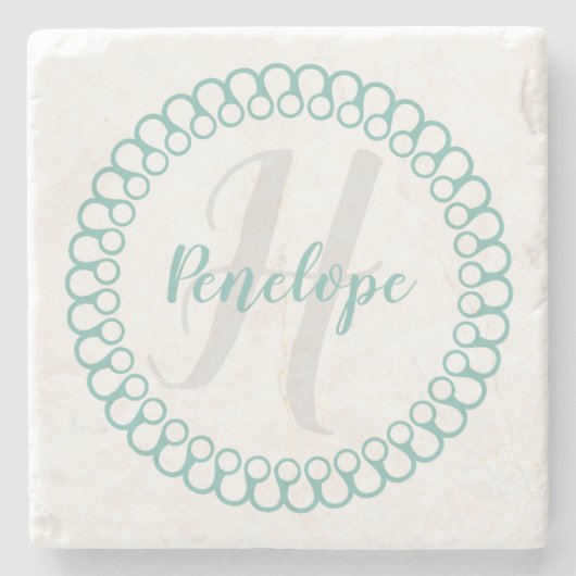 Teal Decorative Circle Monogram Coaster Steinuntersetzer (Vorderseite)