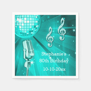 Teal Disco-Kugel und Retro-Mikrofon 80. Geburtstag Serviette