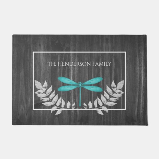 Teal Dragonfly Rustic Personalized Doormat Fußmatte (Vorderseite)
