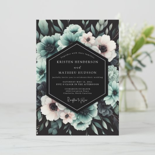 Teal Dramatic Anemone Wedding Einladung (Stehend Vorderseite)