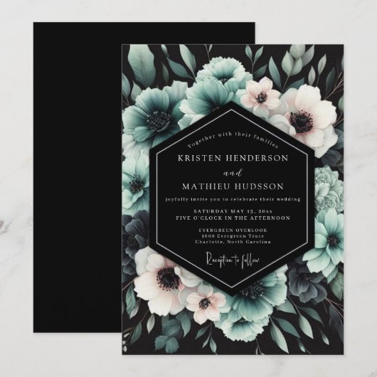 Teal Dramatic Anemone Wedding Einladung (Vorne/Hinten)