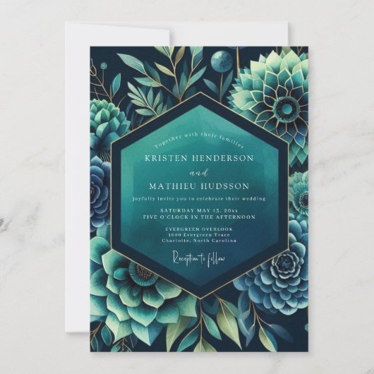 Teal Dramatic Botanical Wedding Einladung (Vorderseite)