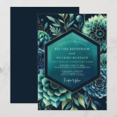 Teal Dramatic Botanical Wedding Einladung (Vorne/Hinten)