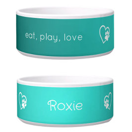 Teal 'eat, play, love' Dog Name Bowl Napf