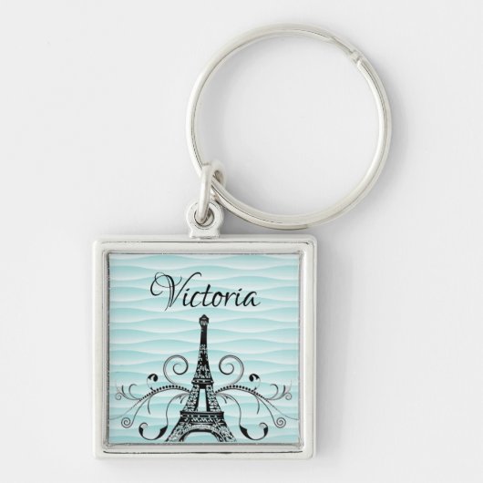 Teal Eiffel Tower Flourish Square Keychain Schlüsselanhänger (Vorne)