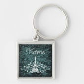 Teal Eiffel Tower Grunge Square Keychain Schlüsselanhänger (Vorne)
