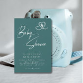 Teal Elegant Script Baby Shower Heart Footprints Einladung