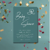 Teal Elegant Script Baby Shower Heart Footprints Einladung