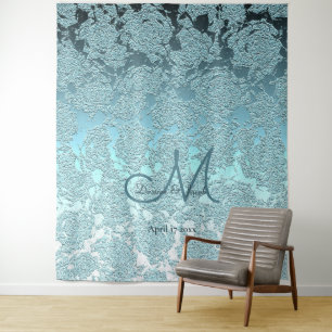 Teal-elegante Monogramm-Hochzeits-Photobooth Wandteppich