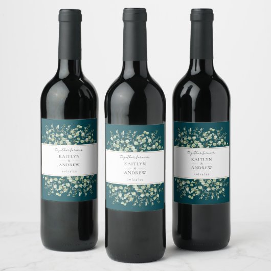 Teal Eucalyptus Together Forever Hochzeit Weinetikett (Flaschen)