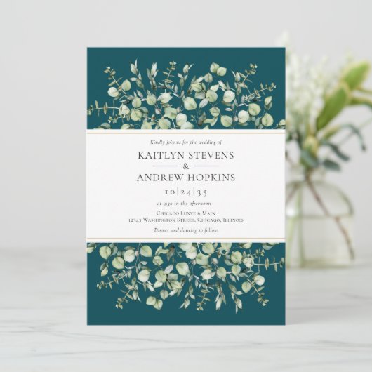 Teal Eucalyptus  Wedding Einladung (Stehend Vorderseite)