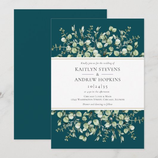 Teal Eucalyptus  Wedding Einladung (Vorne/Hinten)