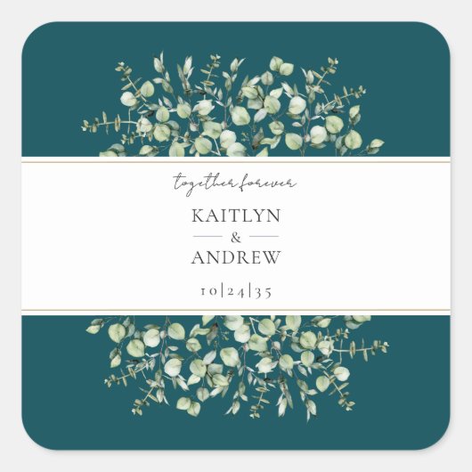 Teal Eukalyptus Gemeinsam Forever Hochzeit  Quadratischer Aufkleber (Vorderseite)