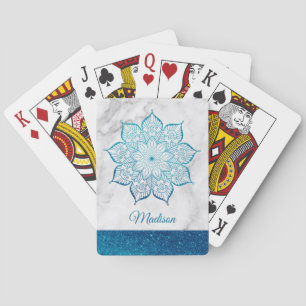 Teal-farbenes falsches Glitter-Mandala auf weißem  Spielkarten