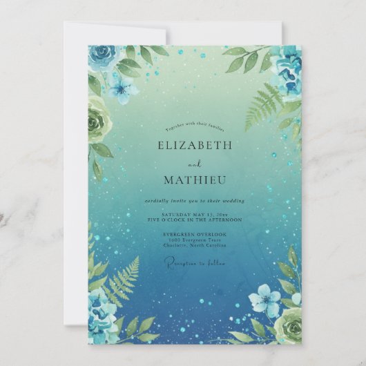 Teal Farnblatt Hochzeit Einladung (Vorderseite)