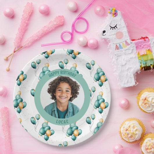 Teal Faux Gold Balloons Photo Pappteller (Party)