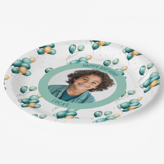 Teal Faux Gold Balloons Photo Pappteller (Schrägansicht)