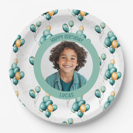 Teal Faux Gold Balloons Photo Pappteller (Vorderseite)