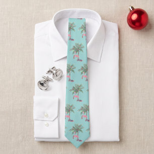 Teal-Flamingo mit Santa-Hut mit Palme und Lichtern Krawatte