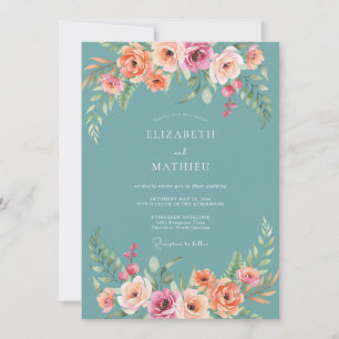 Teal Floral Bogen Romantische Hochzeit Einladung