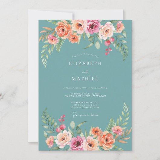 Teal Floral Bogen Romantische Hochzeit Einladung (Vorderseite)