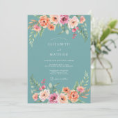 Teal Floral Bogen Romantische Hochzeit Einladung (Stehend Vorderseite)