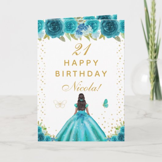 Teal Floral Dark Skin Girl Birthday Karte (Vorderseite)