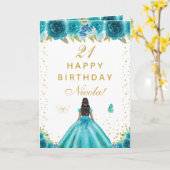 Teal Floral Dark Skin Girl Birthday Karte (Gelbe Blume)