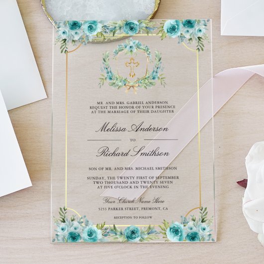 Teal Floral Gold Catholic Cross Wedding Acryleinladungen