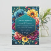 Teal Floral Lush Romance Wedding Einladung (Stehend Vorderseite)