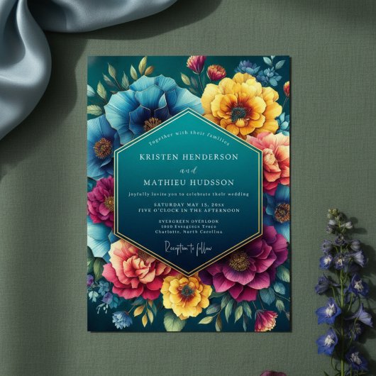 Teal Floral Lush Romance Wedding Einladung