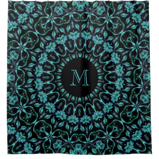Teal Floral Mandala Monogram Duschvorhang (Vorderseite)