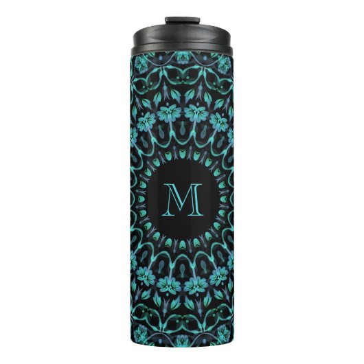 Teal Floral Mandala Monogram Thermosbecher (Vorderseite)